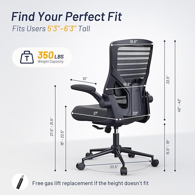 Office Desk Chair for Long Hours & Lower Back Pain Relief – 4“ Thick Molded Foam Cushion, Enhanced Lumbar Support, Padded Flip-up Armrests, Black
