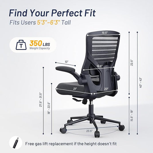 Office Desk Chair for Long Hours & Lower Back Pain Relief – 4“ Thick Molded Foam Cushion, Enhanced Lumbar Support, Padded Flip-up Armrests, Black
