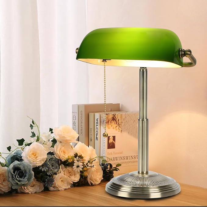 LINNMON Bankers Desk Lamp, Green Retro Lamp, Vintage Lamp with Pull Chain Switch for Home Office (Brass+Green)