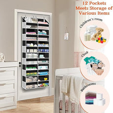 Over The Door Organizer 6 Tiers, Extra Large Behind Door Storage of 12 Compartments, 80 lbs Weight Capacity Hanging Storage Organizer with Clear Window Kids Toys, Shoes, Diapers, Room Storage,Black