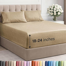 Extra Deep Pocket Cal King Sheets - 4 Piece Breathable & Cooling Bed Sheets - Hotel Luxury Bed Sheet Set - Soft, Wrinkle Free & Comfy - Easily Fits Extra Deep Mattresses - Heathered Tan Sheets Set