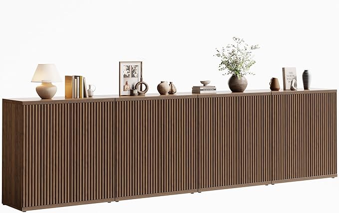 Fluted Buffet Cabinet Sideboard with Storage,Wooden Credenza with 2 Doors&Adjustable Shelve, Modern Accent Cabinets Coffee Bar Bookcase for Living Room,Kitchen Dining Room Entryway 15"D Brown