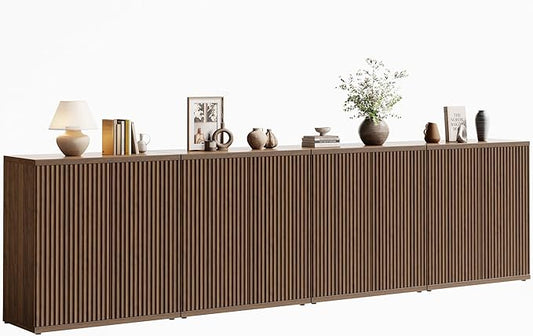 Fluted Buffet Cabinet Sideboard with Storage,Wooden Credenza with 2 Doors&Adjustable Shelve, Modern Accent Cabinets Coffee Bar Bookcase for Living Room,Kitchen Dining Room Entryway 15"D Brown