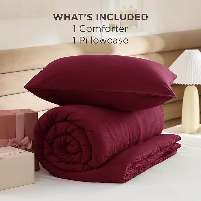 Bedsure Twin/Twin XL Comforter Set, Dark Red Prewashed Bedding for All Seasons, 2 Pieces GentleSoft™ Warm Down Alternative Bed Set, 1 Lightweight Comforter (68"x88") and 1 Pillowcase (20"x26")