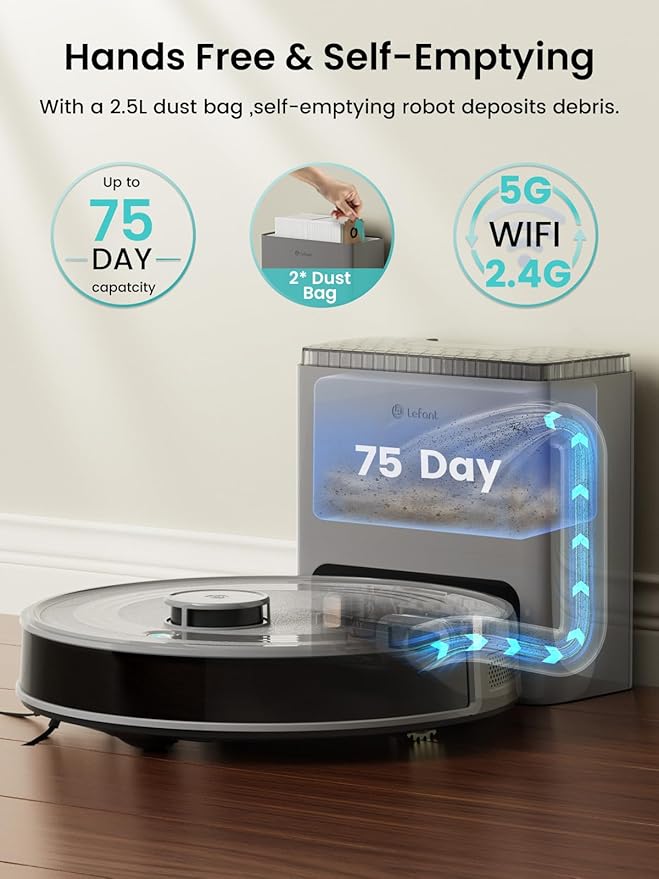 Lefant LiDAR Robot Vacuum and Mop Combo, 10000Pa Suction, 75-Day Self-Emptying Base with Multi-Floor Mapping, 240Min Runtime, Ideal for Pet Hair & Carpets, Wi-Fi/Alexa/App Control, M2S Plus