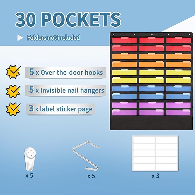 Annecy 30 Pockets Classroom Mailbox, Hanging Wall File Organizer, Black Storage Pocket Chart for Folder and Paper, Space Saver, Come with Wall Hangers, Over The Door Hooks, Labels