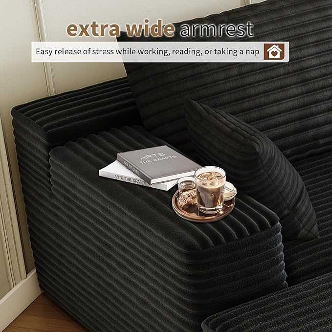 139.4" Modular Sectional Sofa, Oversized U-Shaped Minimalist Couches with 2 Middle Seats and 1 Ottoman Chaise, Modern Deep Seat Convertible Sleeper Sofa, Cloud Plush Corduroy Fabric,7 Seater, Black