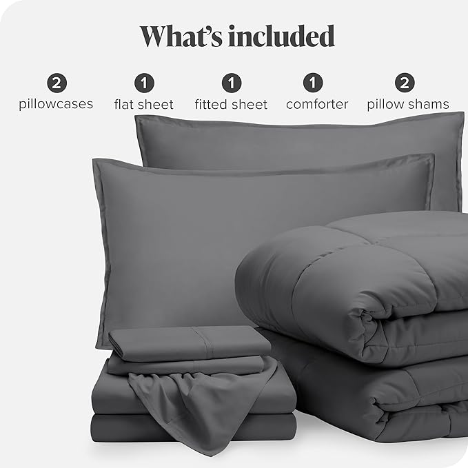 Bare Home Bed-in-A-Bag 7 Piece Comforter & Sheet Set - Full XL - Goose Down Alternative - Ultra-Soft 1800 Premium Bedding Set (Full XL, Grey/Grey)