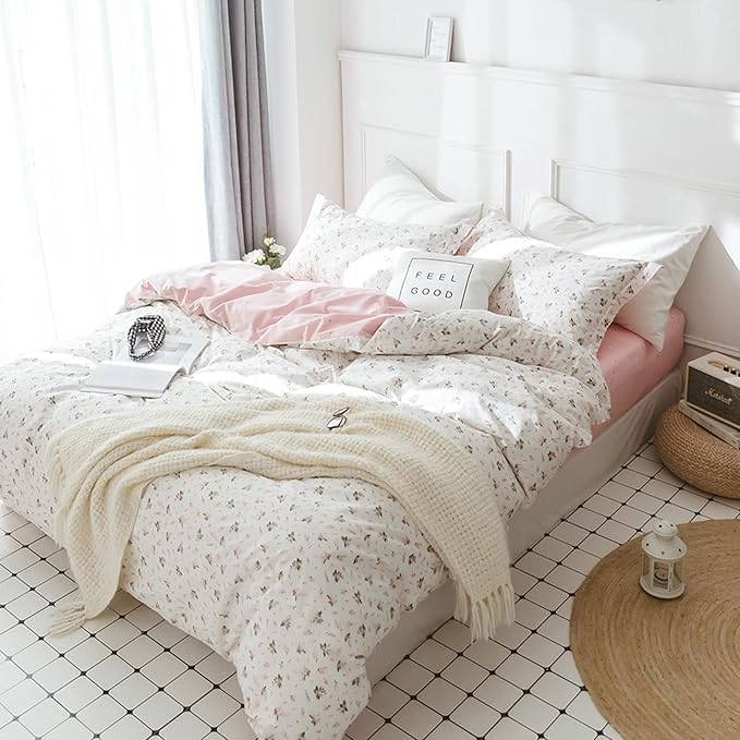 HighBuy Floral Girl Duvet Cover Twin XL Size Cotton White Pink Coquette Bedding Comforter Covers Twin XL Bedding Set Lightweight Soft Aesthetic Garden Style with Zipper Closure for Children