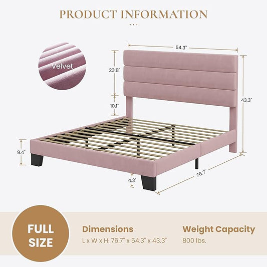 SHA CERLIN Full Platform Bed Frame with Velvet Upholstered Headboard, Mattress Foundation with Strong Wooden Slats Support, No Box Spring Needed, Pink