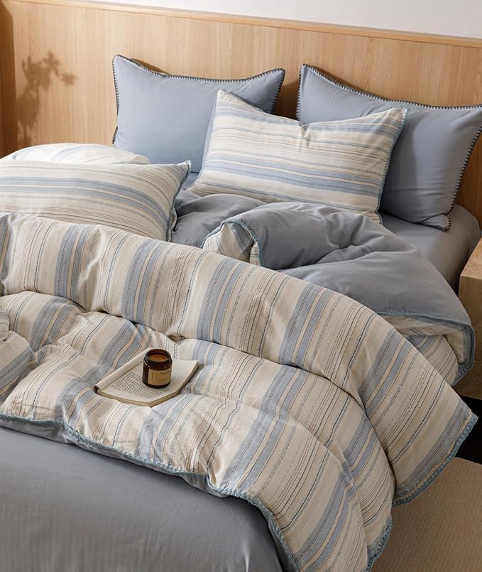 VM VOUGEMARKET Blue White Stripes Duvet Cover King 100% Cotton Muslin Duvet Cover Embroidered Cozy Simple Modern Bedding Set for Men Women