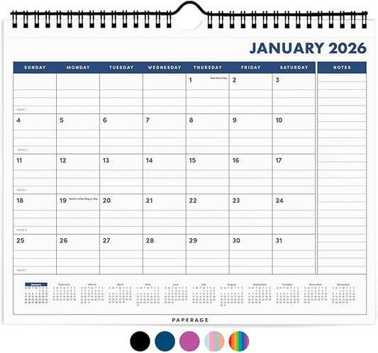PAPERAGE 2026 Calendar, 12 Months (January 2026 - December 2026), Small (9 in x 11 in), Minimalist Wall and Desk Calendar with Monthly Views, Yearly Plans & Notes Section – Navy