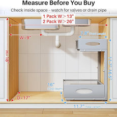 Under Sink Organizer, 2 Pack 2 Tier Pull Out Under Cabinet Organizer Shelf with Pad for Framed Cabinets, Metal Slide Out Under Sink Storage, Mesh Sliding Drawers for Kitchen Bathroom Laundry, Grey