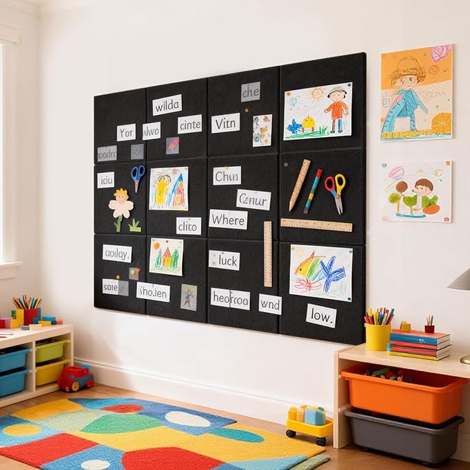 12 Pack Cork Boards for Walls, 48" x 36" Large Felt Wall Tiles, Black Bulletin Board Paper with Safe Removable Adhesive Tabs, Pin Corkboard for Office Home Decor