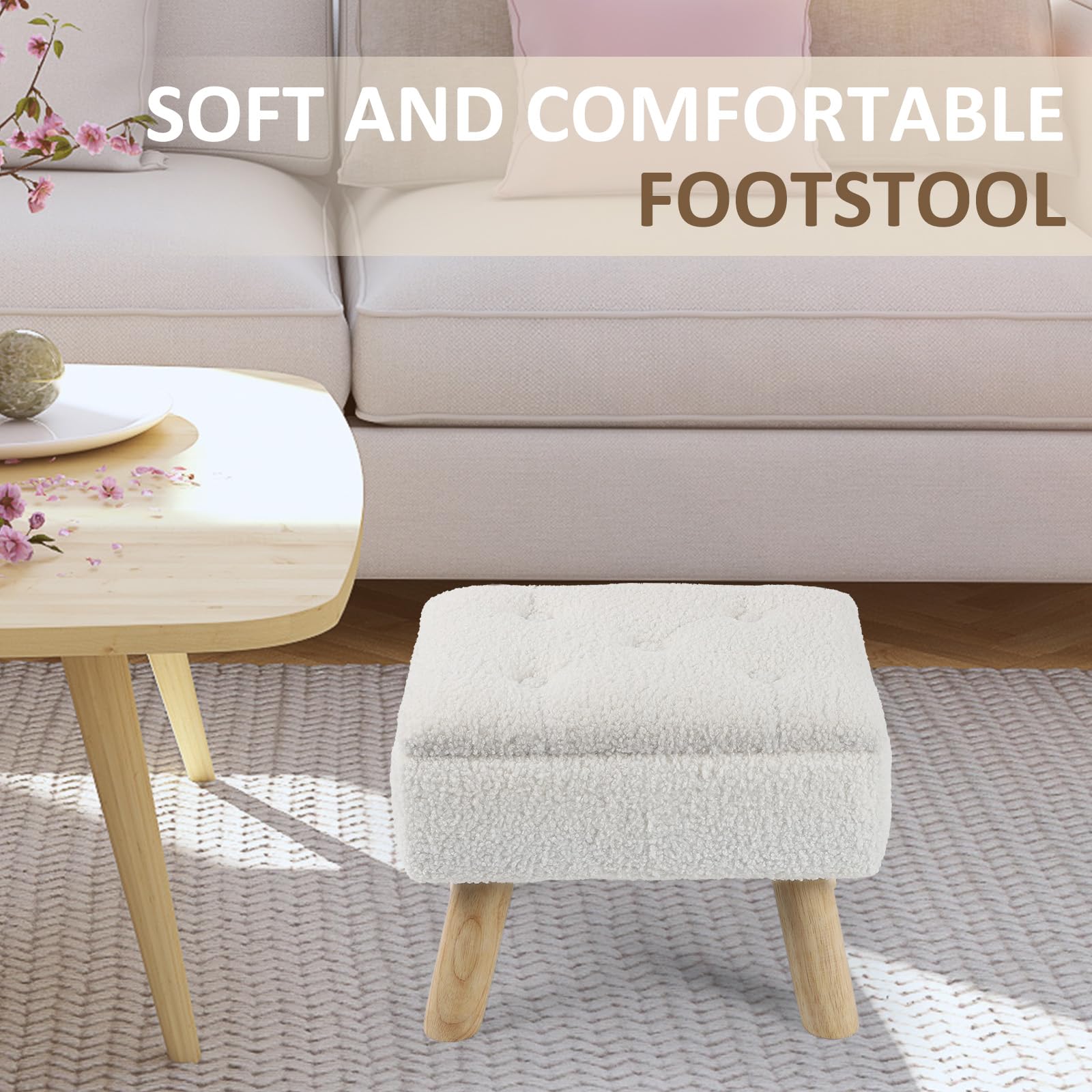 OGEMXU Storage Ottoman, Small Foot Stool Ottoman with Storage, Boucle Teddy Velvet Foot Rest with Padded Seat, Sturdy Wood Legs Stool for Living Room, Bedroom, Couch, Enterway (Cream) Dormly
