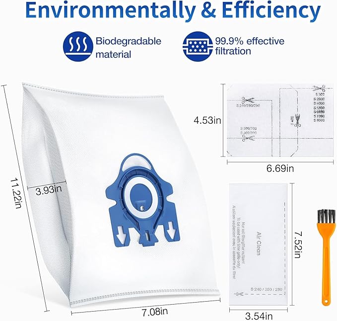 12 Pack 3D Dust Bags, Compatible with Miele GN Vacuum Bags, Replacement for Miele Classic C1 Complete C1, C2, C3, S400i S600 S2 S5 S8 Series, with 4 MP Filters, 4 AC Filters