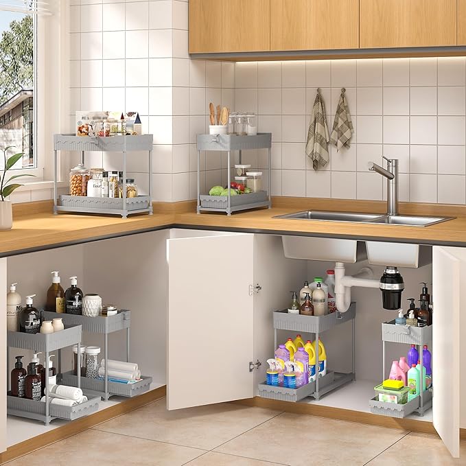 3 Pack Under Sink Organizers, 2-Tier Multi-Use Kitchen and Bathroom Organizers and Storage with Sliding Drawers，Bathroom Cabinet Organizer (Gray, 14.8 Inch)
