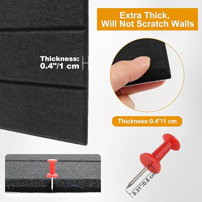 Felt Bulletin Board Tiles,Large Cork Board Alternative with 35 Pushpins,Black Bulletin Board, 12 Pack 12"X12"X0.4" Felt Cork Board Tiles with Self Adhesive for Office Pin Board, Home & Classroom