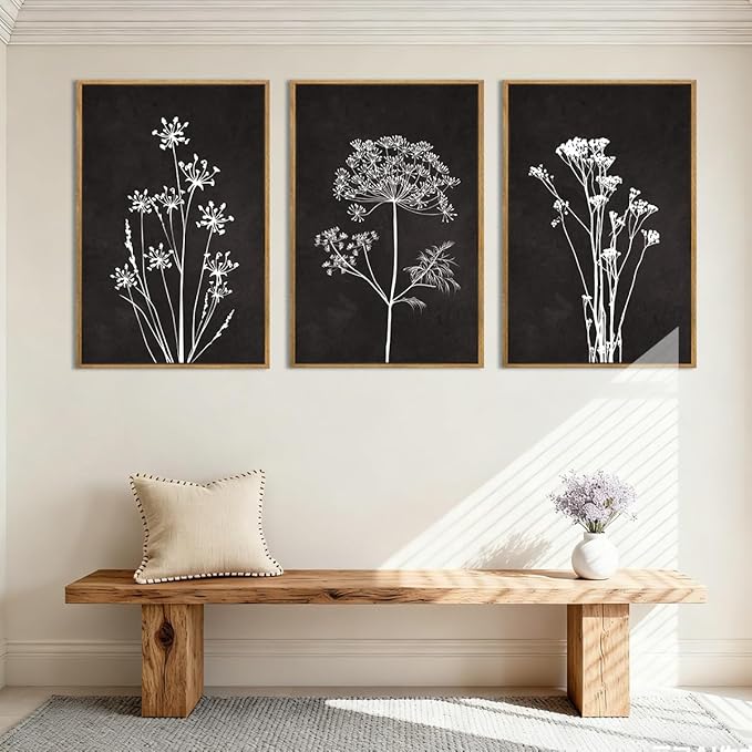 BINCUE Extra Large Framed Black and White Wall Art Floral Wall Decor Botanical Paintings for Living Room Bedroom Bathroom 24x36 Inch 3 Piece