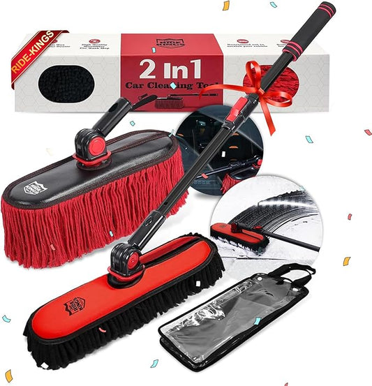 2In1|2MOPS(Car Wash Brush Mop*1 & Car Duster Mop*1) with 1 Long Handle|Microfiber Car Brushes for Washing Exterior,Car Wash Accessories Scratch Free,Car Wash Mop for Rv Truck Boat