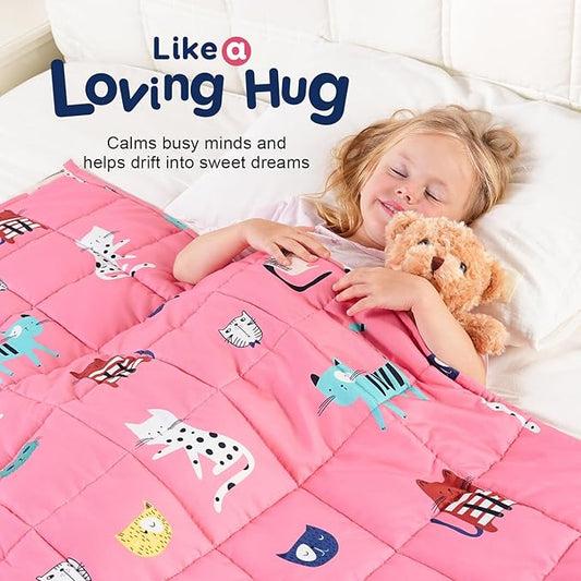 Kivik Cooling Weighted Blanket 5 Pounds, Breathable Small Weighted Blankets, Ultra Soft Heavy Throw for Relaxing & Sleeping, Machine Washable, 36 x 48 Inches, Cute Cat Printing, Pink