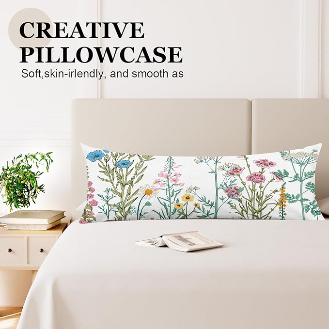 Microfiber Body Pillow Cover with Hidden Zipper,Comfortable Fabric,Floral Print Pattern Body Pillow Case,Lightweight and Breathable,The Size is 20 "X 54"(Flower-02)