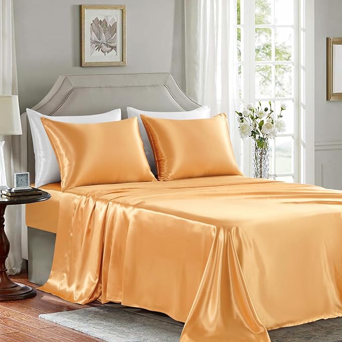 Satin Sheets Full Size - 4 Pieces Luxury Silky Soft Bed Sheets, Wrinkle-Free Gold Satin Silk Sheet Set with 1 Deep Pocket Fitted Sheet, 1 Flat Sheet, 2 Pillow Cases