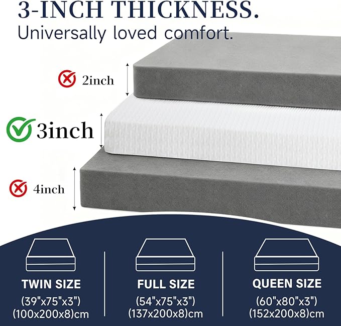 Tiita 3-Inch Mattress Topper Full, Foam Mattress Topper, Removable Mattress Cover, Firm Bed Pad, High Density Foam Mattress Pad, Mattress Protector with 4-Corner Non-Slip Straps