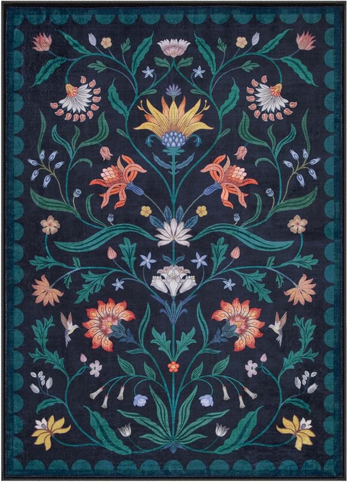 Lahome Boho Floral Washable Blue 5x7 Area Rugs for Living Room, Non Slip Rugs for Bedroom Entryway, Indoor Ultra-Thin Throw Dining Room Carpet for Under Table Kitchen Dorm(Dark Blue,5x7)