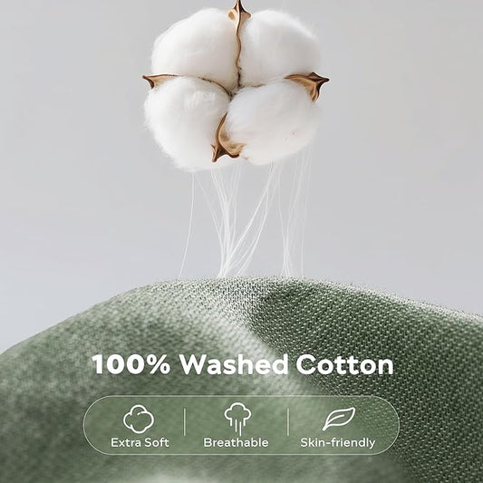 JELLYMONI Cotton Duvet Cover Full Size - Sage Green Comforter Cover with Button 100% Washed Cotton 3PCS Breathable Soft Solid Bedding Set Duvet Cover 80×90in & 2 Pillowcases (NO Comforter)