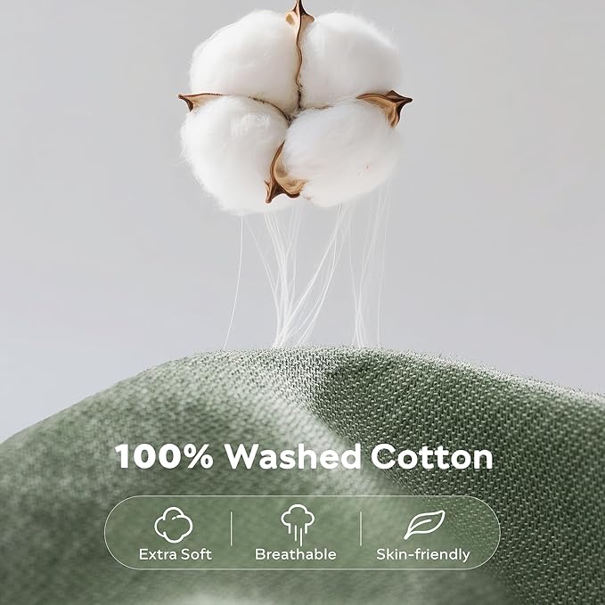 JELLYMONI Cotton Duvet Cover Queen Size - Sage Green Comforter Cover with Button 100% Washed Cotton 3PCS Breathable Soft Solid Bedding Set Duvet Cover 90×90in & 2 Pillowcases (NO Comforter)