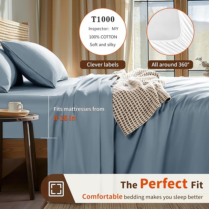 LBRO2M 1000 Thread Count 100% Egyptian Cotton Sheets Set Clifornia King, 4 Piece Sets Bed Sheet Deep Pocket Sheet Set 16" Soft Comfortable All Season (Clifornia King, French Blue)
