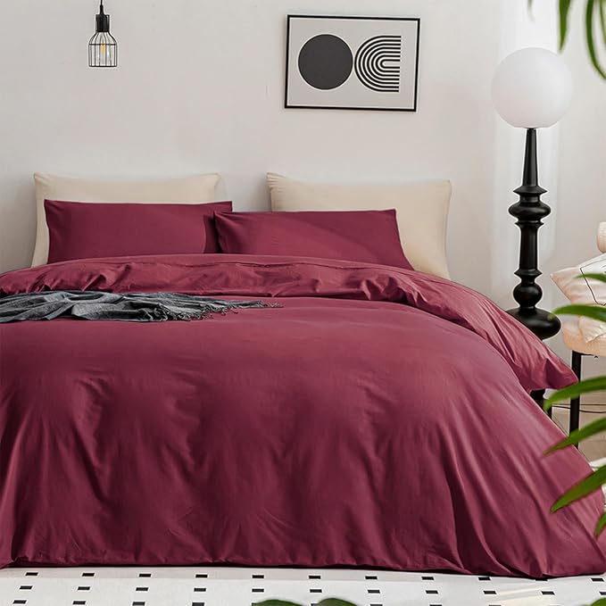 JELLYMONI Burgundy Duvet Cover Queen Size - 100% Washed Cotton Linen Like Textured Comforter Cover, 3 Pieces Breathable Soft Bedding Set with Zipper Closure (Burgundy, Queen 90"x90")
