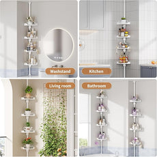Corner Shower Caddy Tension Pole, 4 Tiers Rotating Shower Organizer for Bathroom Shelf Bathtub, Adjustable Standing Shower Rack Bathroom Accessories, Easily Assemble, 34-124 Inch Height,White