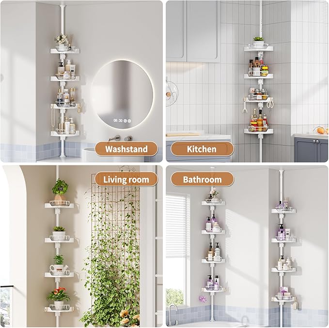 Corner Shower Caddy Tension Pole, 4 Tiers Rotating Shower Organizer for Bathroom Shelf Bathtub, Adjustable Standing Shower Rack Bathroom Accessories, Easily Assemble, 34-124 Inch Height,White
