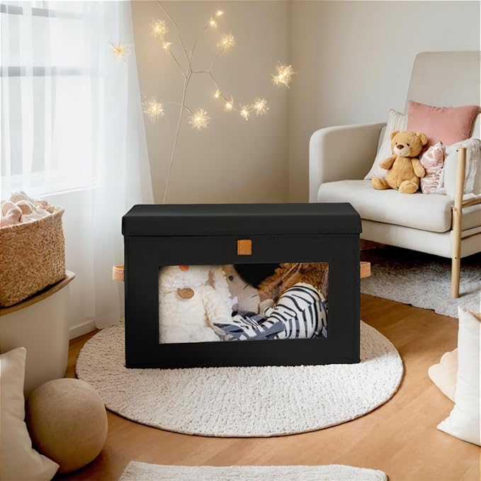 Collapsible Storage Bins - Large Stackable Organizer Bins, Decorative Boxes with Handles & Window, Fabric Containers for Living Room, Closet, Dorm, 6 Pack, Black