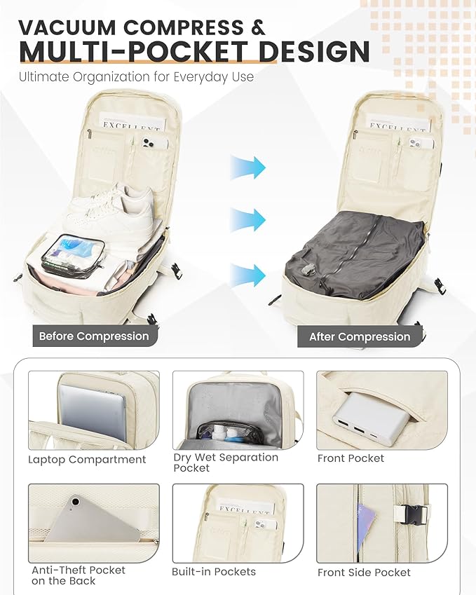suwasp Vacuum Backpack Travel with Pump, Travel Backpack for Women Men, Vacuum Compression Bags with Laptop Compartment/Shoe Compartment, Personal Item Carry On Backpacks Flight Approved, Beige
