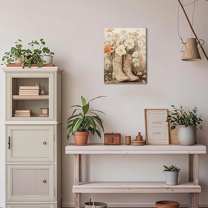 Floral Cowgirl Boots Canvas Wall Art Set of 2, Cowboy Hat with Flower Wall Decor Paintings, Trendy Preppy Western Aesthetic Prints Pictures, for Girls Bedroom Living Room Dorm 16x24 inch Framed