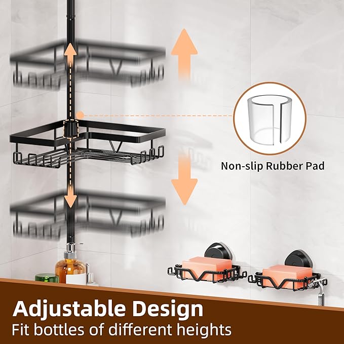 KEGII Shower Caddy Corner Tension Pole with 2 Suction Cup Soap Dishes, Rustproof 4-Tier Adjustable Bathroom Organizer, No-Drill Shower Storage Rack for, Fits 25–114.2 Inch, Black