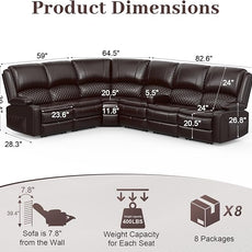 Manual Reclining Sectional Sofa Set, 6 Seats Soft Leather Recliner Corner Sectional Couch, Family-Sized L-Shaped Recliner Couch with USB Charging, Thickened Padding, Sturdy Frame, Brown