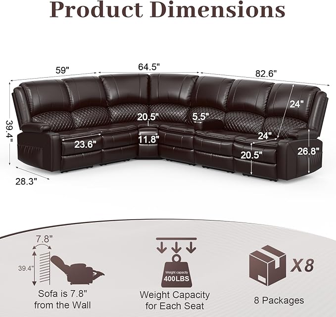 Manual Reclining Sectional Sofa Set, 6 Seats Soft Leather Recliner Corner Sectional Couch, Family-Sized L-Shaped Recliner Couch with USB Charging, Thickened Padding, Sturdy Frame, Brown