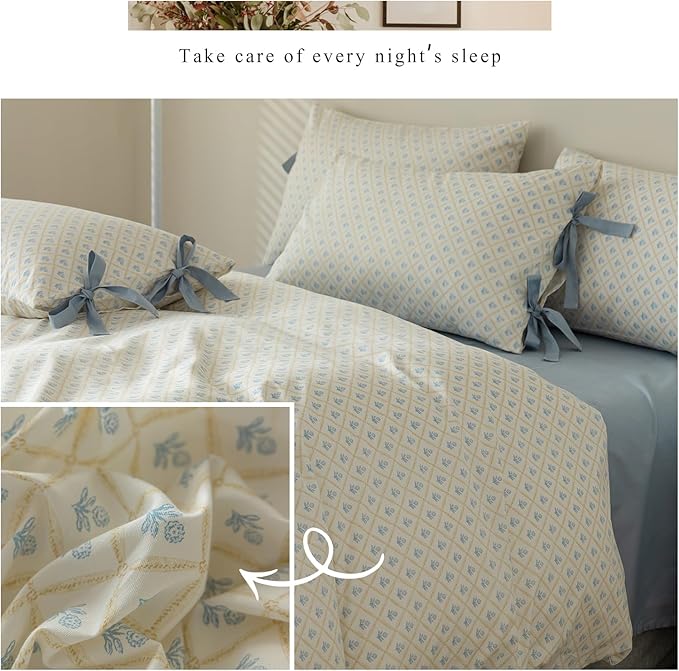 Blue Floral Duvet Cover King Teen Girls Cottagecore Bedding Set King 3 Pieces Soft Cotton Peach Flowers Coquette Comforter Cover with Bow Ties Pillowcases,Vintage Country Bedding Sets