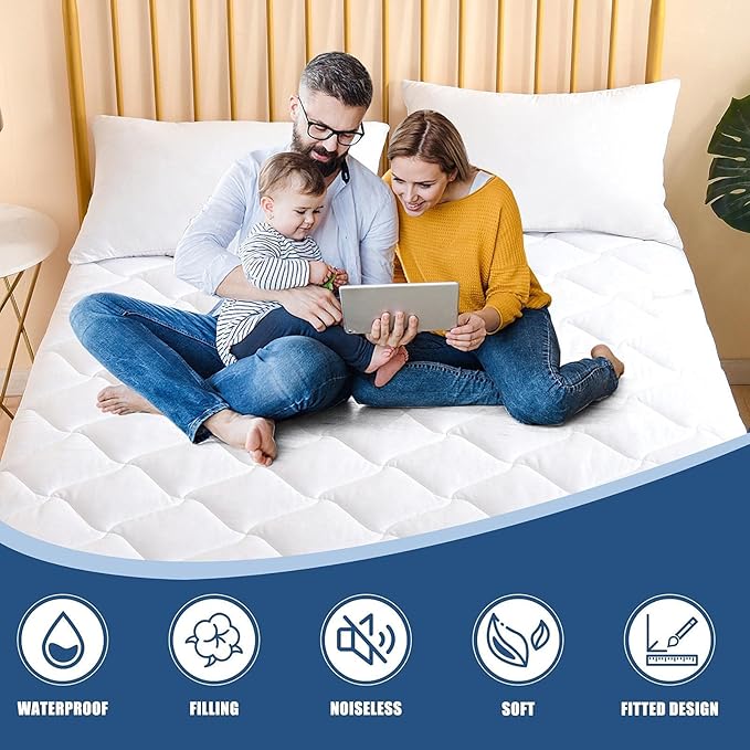 King Size Quilted Fitted Mattress Pad, Waterproof Breathable Cooling Mattress Protector, Stretches up to 21 Inches Deep Pocket Hollow Cotton Alternative Filling Noiseless Mattress Cover