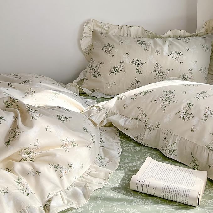 mixinni Reversible Green Floral Duvet Cover Set King Size - 100% Cotton Botanical Bedding Set with Ruffle Lace, 3PCs Beige Soft Aesthetic Cottagecore Style Duvet Cover for Girls