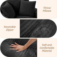 Oversized Chaise Lounge Chair Indoor Corduroy Sofa Bed with Throw Pillows Recliner Chair Comfy Large Deep Seat Sofa Couch for Living Room, Bedroom, Apartment (Black)