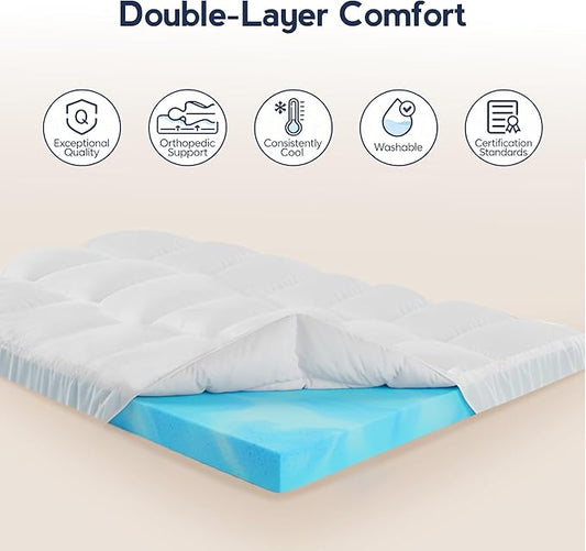 Dual Layer Twin XL 4 Inch Memory Foam Mattress Topper for College Dorm, 2 Inch Cooling Gel Memory Foam and 2 Inch Down Alternative Pillow Top Mattress Pad Cover 8-24 Inch Deep Pocket