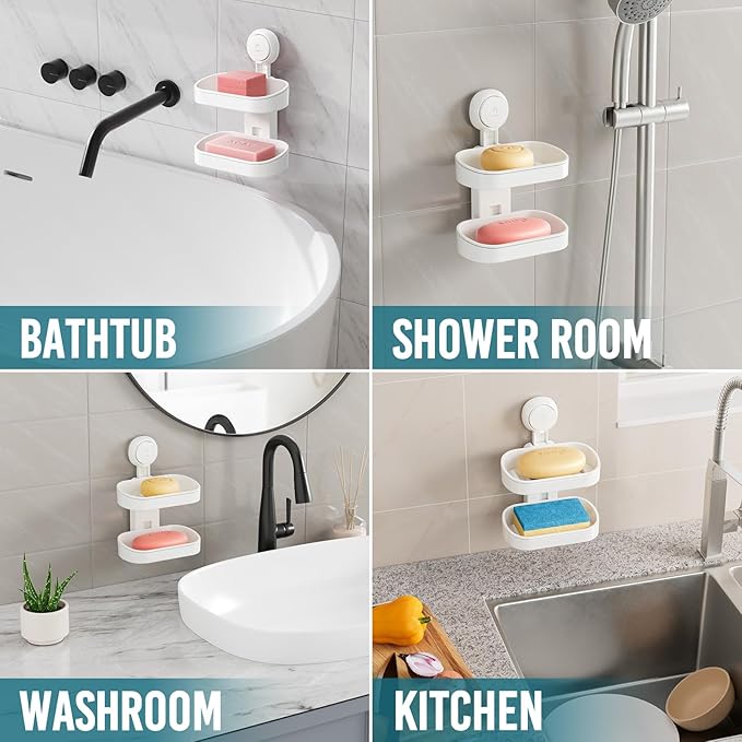 TAILI Double Layer Soap Dish Suction Cup Soap Holder, Strong Sponge Holder for Shower, Bathroom, Tub and Kitchen Sink, Drill-Free, Removable