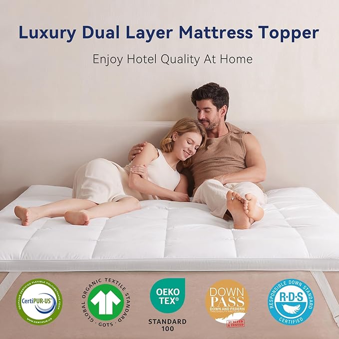 Dual Layer 2 Inch Memory Foam Mattress Topper Full Size, 1.5 Inch Cooling Gel Memory Foam and 0.5 Inch Goose Down Fibers Mattress Pad Cover for Pressure Relieving(54"x75")