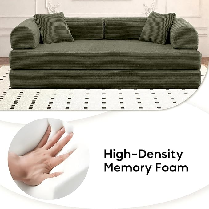 Convertible Sleeper Sofa Bed, Corduroy Floor Couch with Fixed-Shape Frame, Comfy Modular Floor Sofa with Pull Out Bed, Loveseat Sleeper Boneless Couch for Living Room, Green