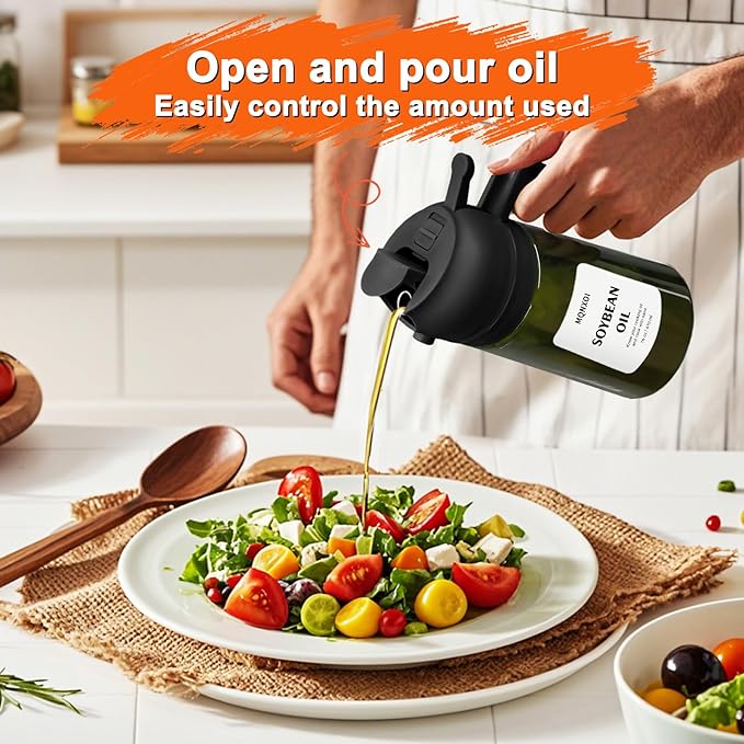 2 in 1 Glass Oil Sprayer & Dispenser,16oz/470ml Olive Cooking, Air Fryer, and Salad, for Kitchen Gadgets and Air Fryer Accessories, w/Stickers (Black + Dark Green Bottle 2)